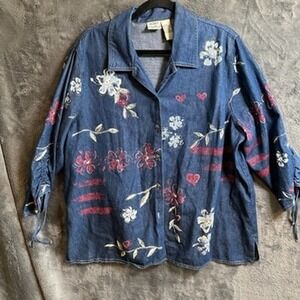 Koret City Blues Denim‎ Button Down Shirt Floral Heart Print Womens 20W